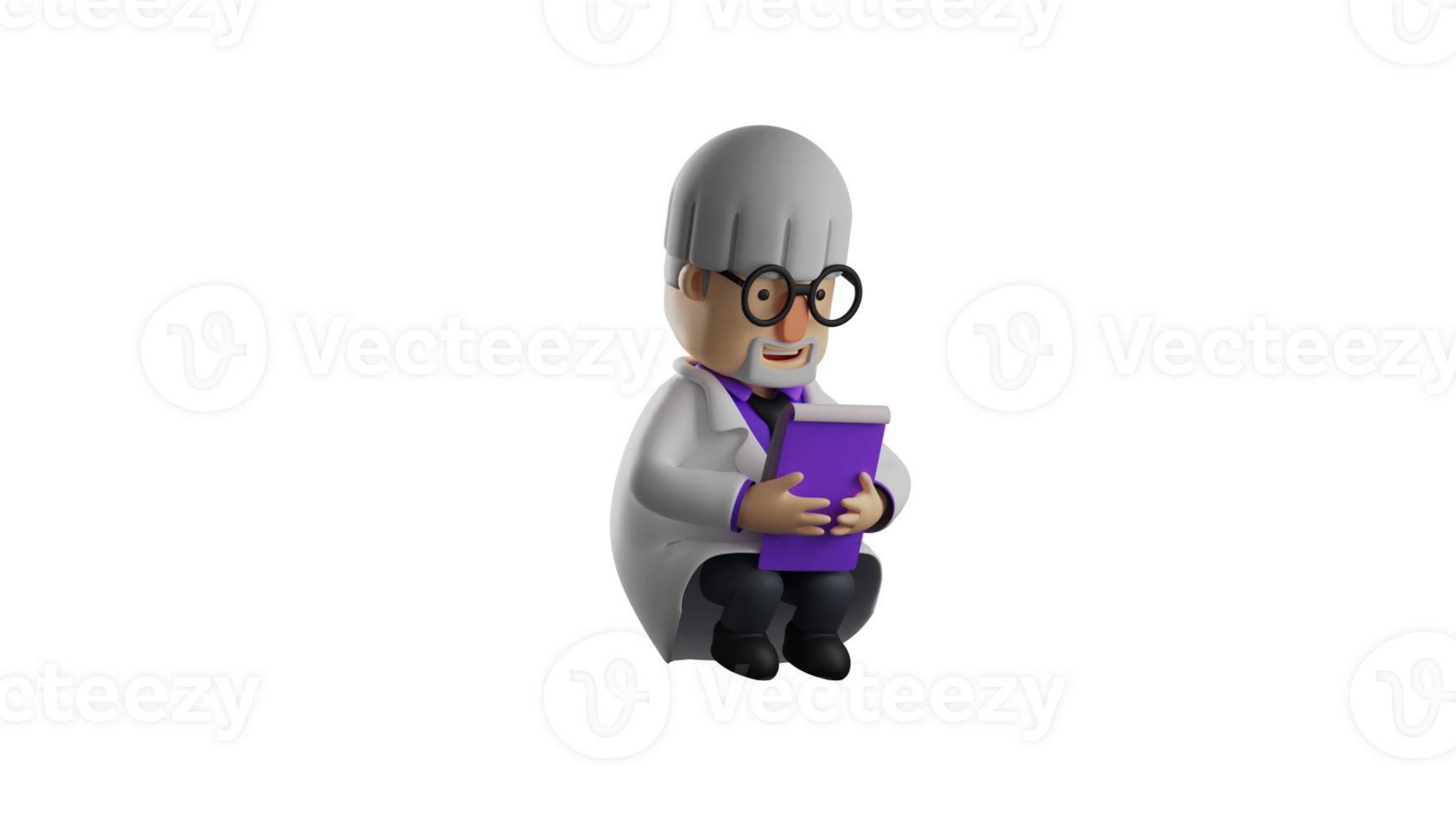 3D illustration. Smart professor 3D cartoon character. Professor sat down and checked the notebook he was carrying. The old professor wore glasses and showed a serious expression. 3D cartoon character png