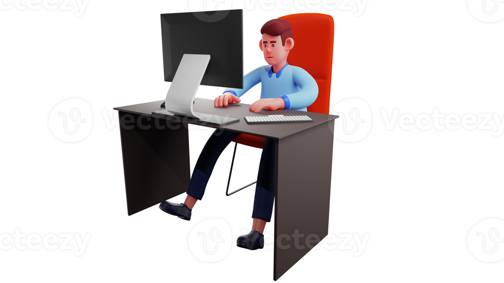 3D Illustration. Businessman 3D Cartoon Character. Businessman who is diligent in working at his desk. Businessman checked one on his computer seriously. 3D cartoon character png