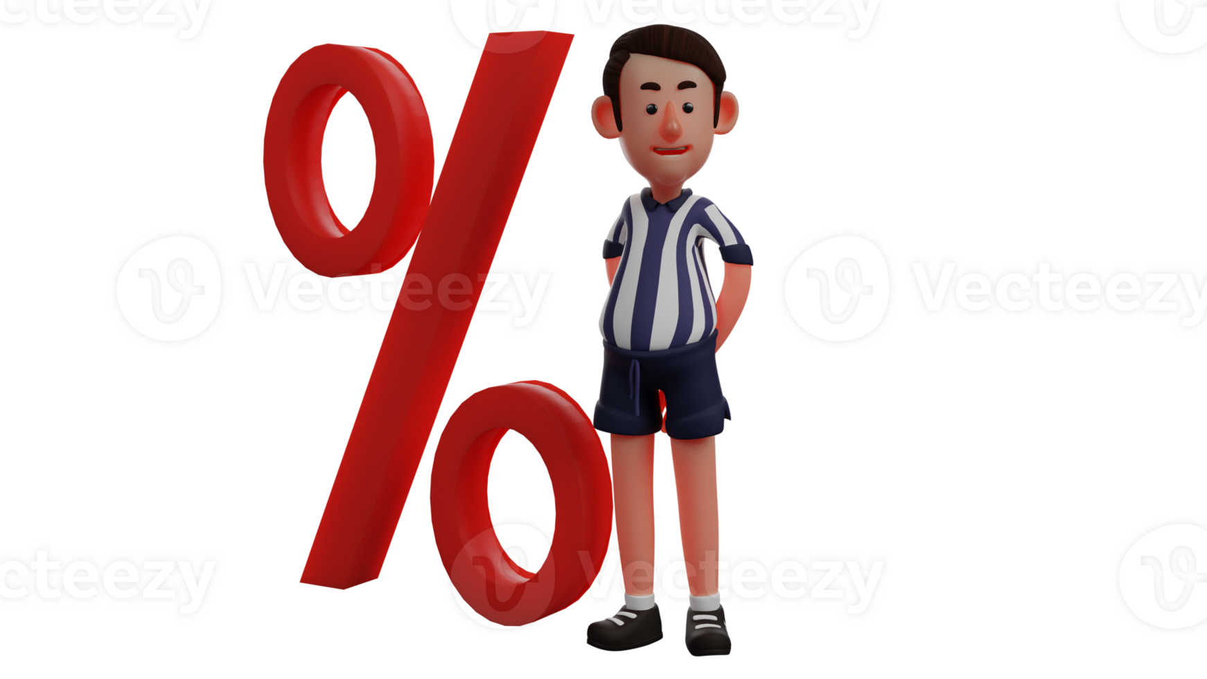 3D illustration. Cool Boy 3D Cartoon Character. Cool guy standing next to a giant red percent symbol. The referee put his hands on his back with a sweet smile. 3D Cartoon Character png