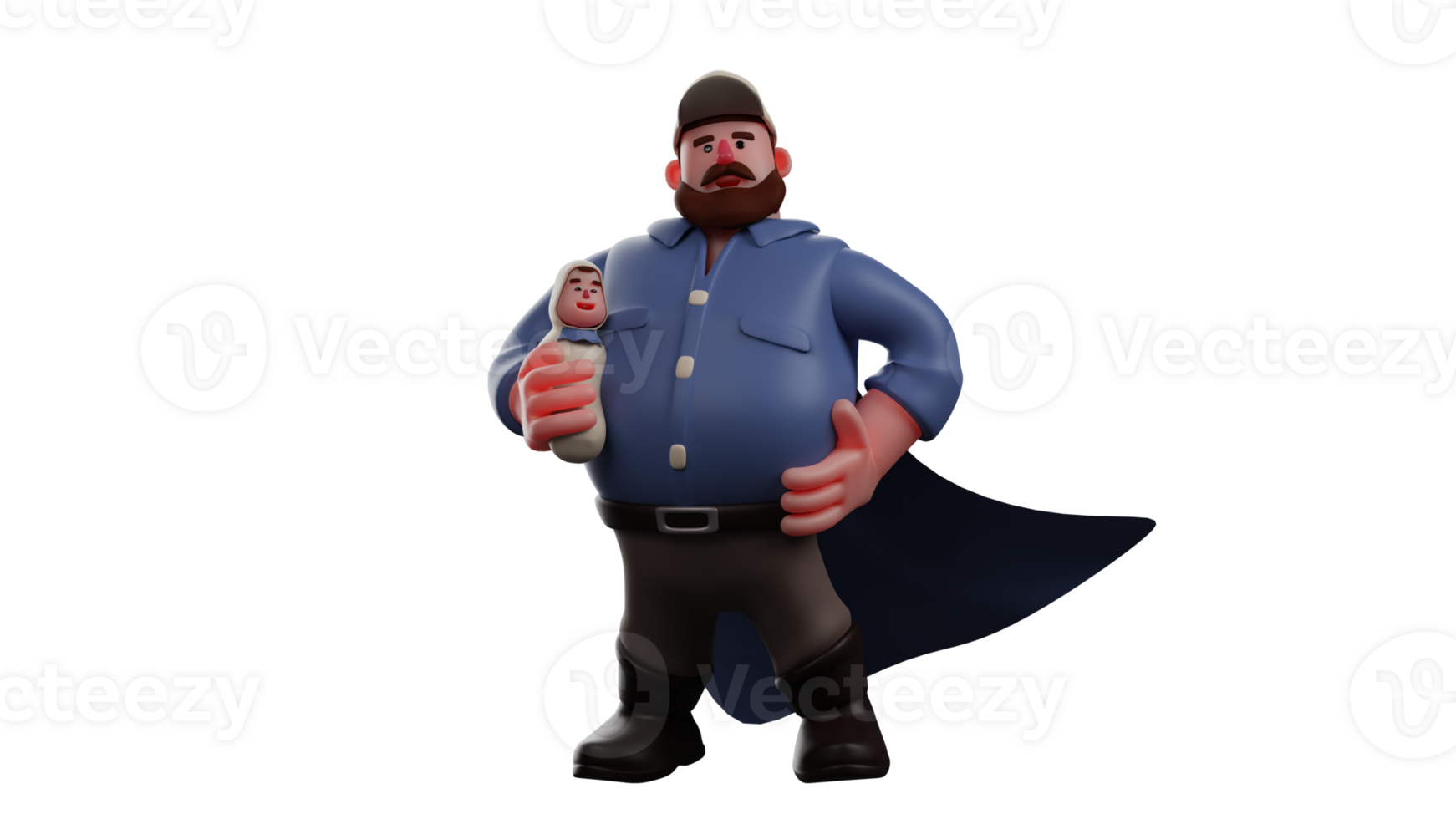 3d illustration. fantastisk pappa 3d tecknad serie karaktär. pappa visade hans ljuv leende. bra pappa bär superhjälte vingar och sätter ett hand på hans midja. far med hans bebis. 3d tecknad serie karaktär png