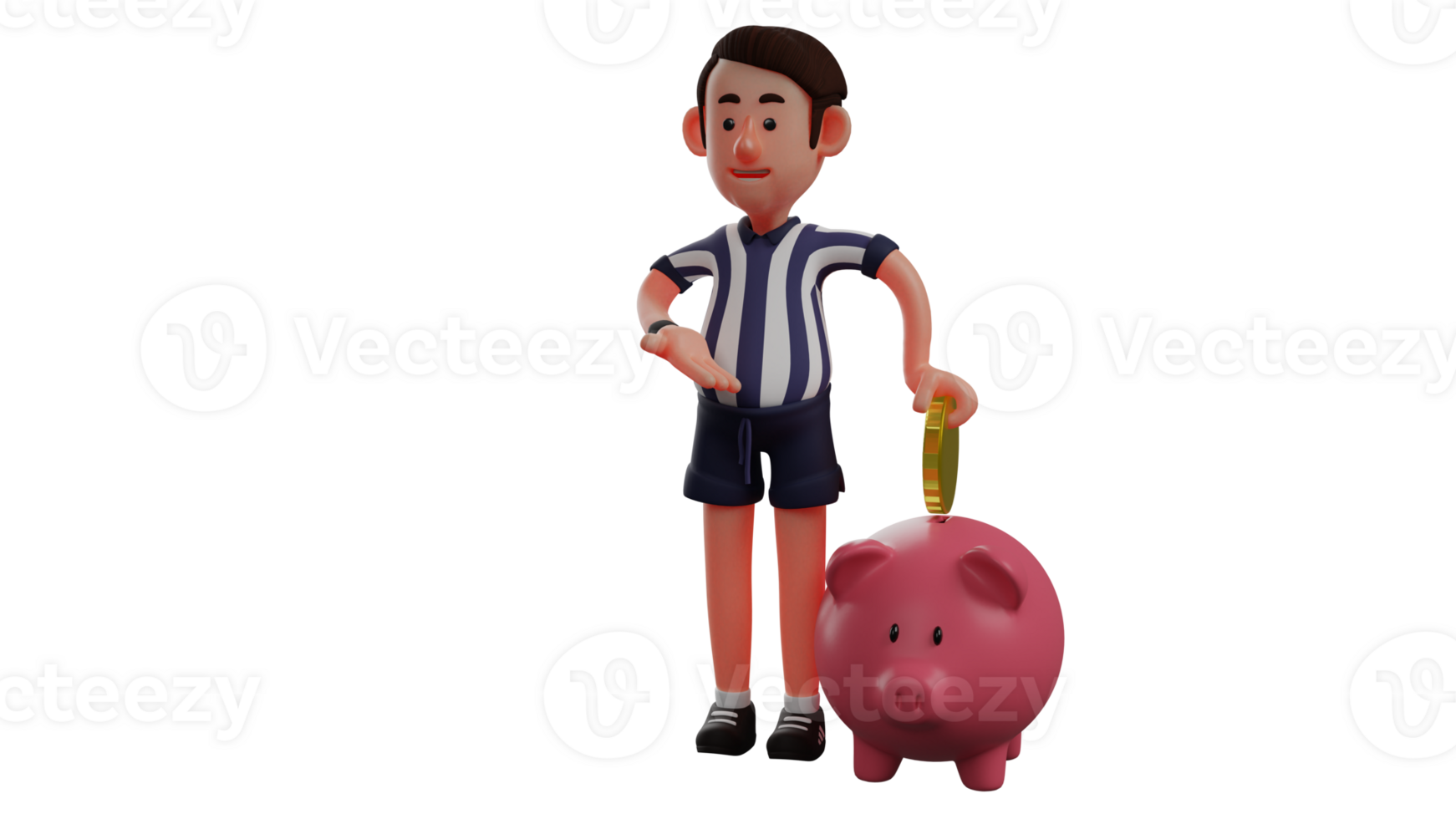 3D illustration. Diligent Referee 3D Cartoon Character. The referee puts gold coins into his pig's savings. Successful referee always save his income while being a referee. 3D Cartoon Character png