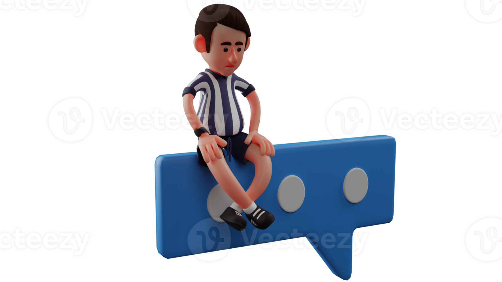 3D illustration. Tired Referee 3D Cartoon Character. The referee sat down somewhere and slightly lowered his head. The referee looked tired after a day of leading the game. 3D Cartoon Character png