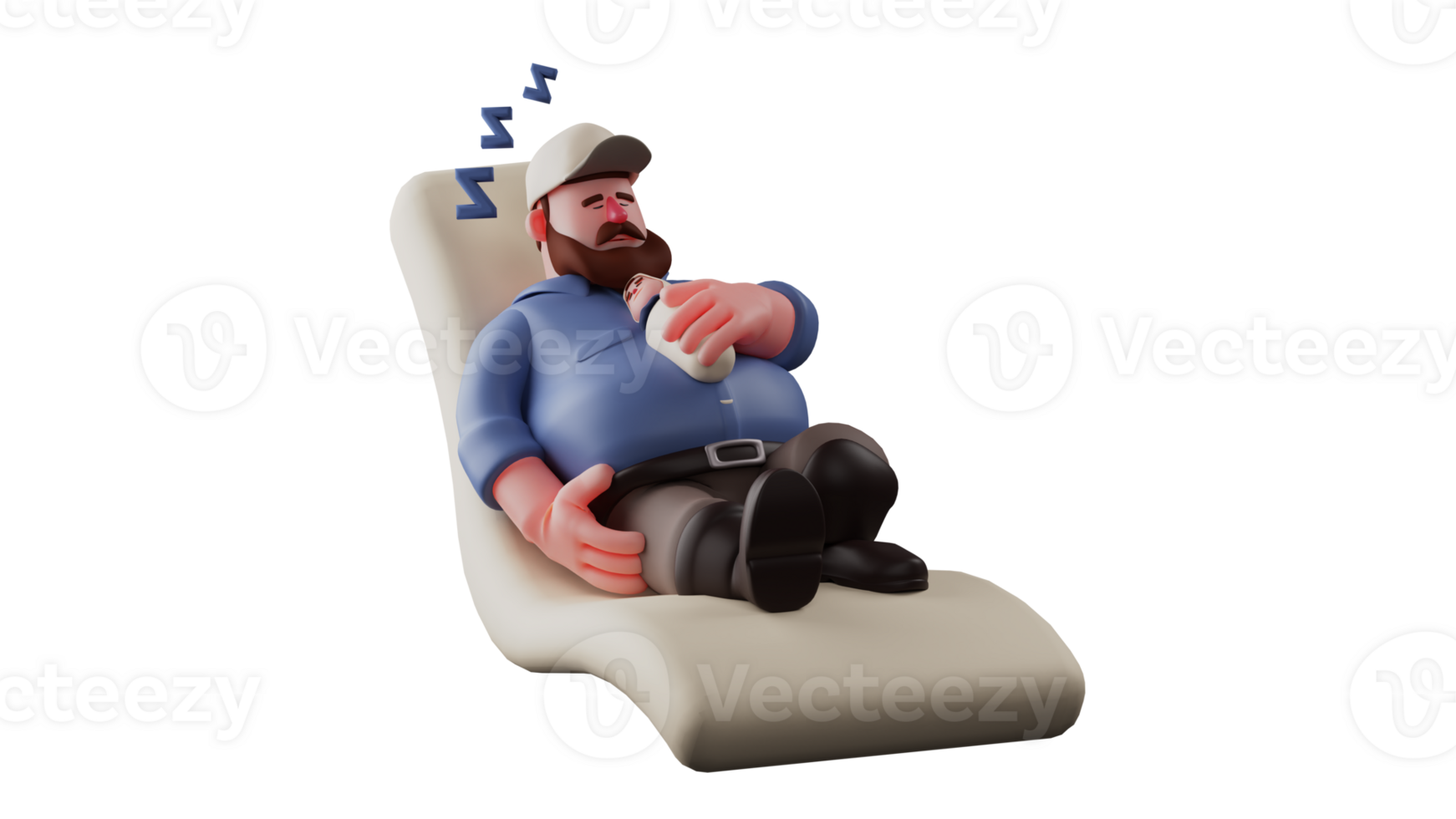 3d illustration. somnolent papa 3d dessin animé personnage. papa est tombée endormi sur le longue canapé avec le bébé sur il. papa est tombée endormi encore dans plein travail vêtements. papa a pris une Pause de le sien devoir. 3d dessin animé personnage png