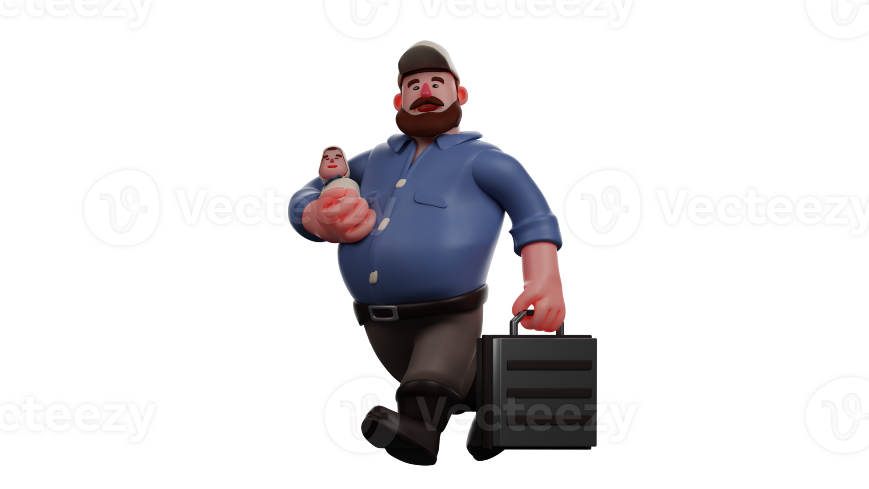 3D Illustration. Happy Father 3D cartoon character. Fat father dressed neatly and brought a black suitcase. Father is ready to go to work and say goodbye to the baby in his arms. 3D cartoon character png