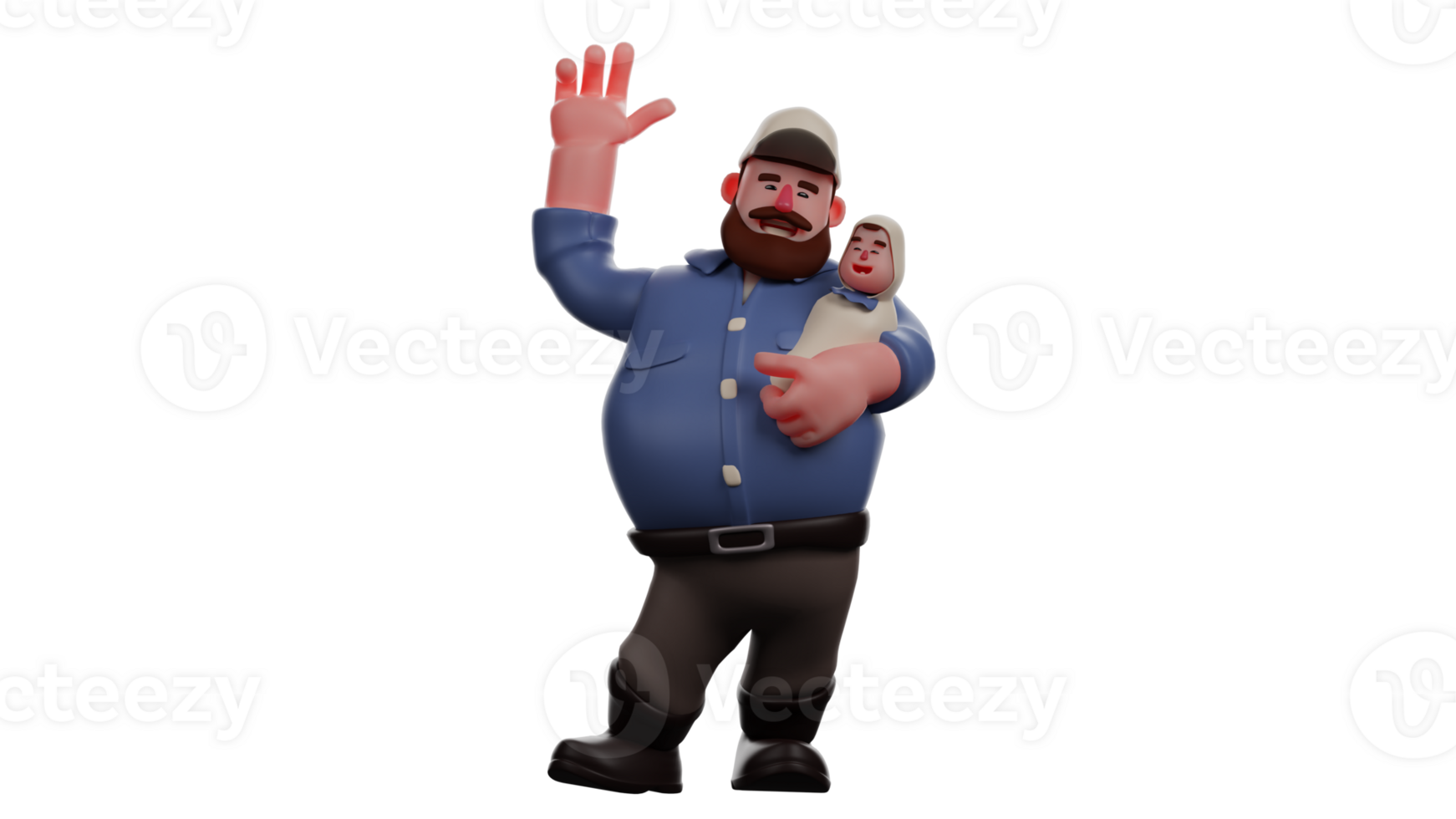 3D illustration. Affectionate Father 3D Cartoon Character. Fat dad holding his tiny baby. Dad waved at someone he met on the street. Father smiled kindly. 3D Cartoon Character png