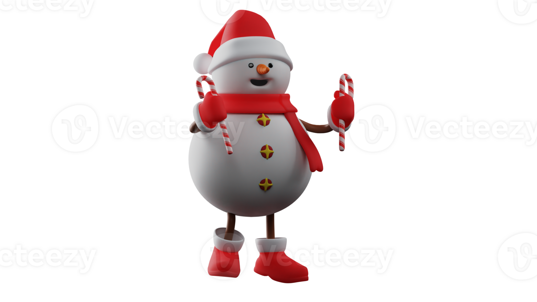 3D illustration. Charming Snowman 3D cartoon character. Snowman brings two Christmas candy canes. Snowman showed his happy expression because he was lucky to get candy. 3D cartoon character png