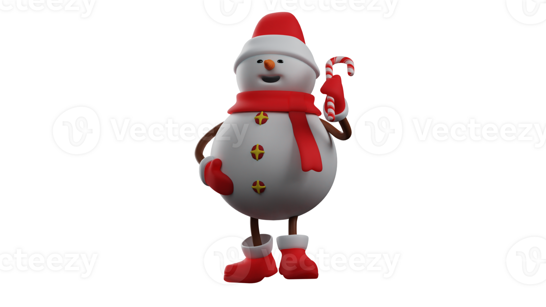 3D illustration. Sweet Snowman 3D cartoon character. Christmas snowman get candy cane. The snowman will give the Christmas candy canes he gets to his friends. 3D cartoon character png