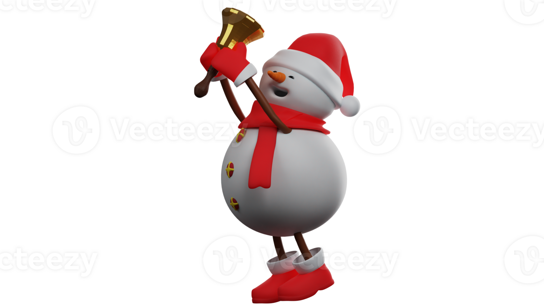 3D illustration. Attractive Snowman 3D cartoon character. Snowman raised his bell high. Happy snowman playing bells during Christmas party. 3D cartoon character png