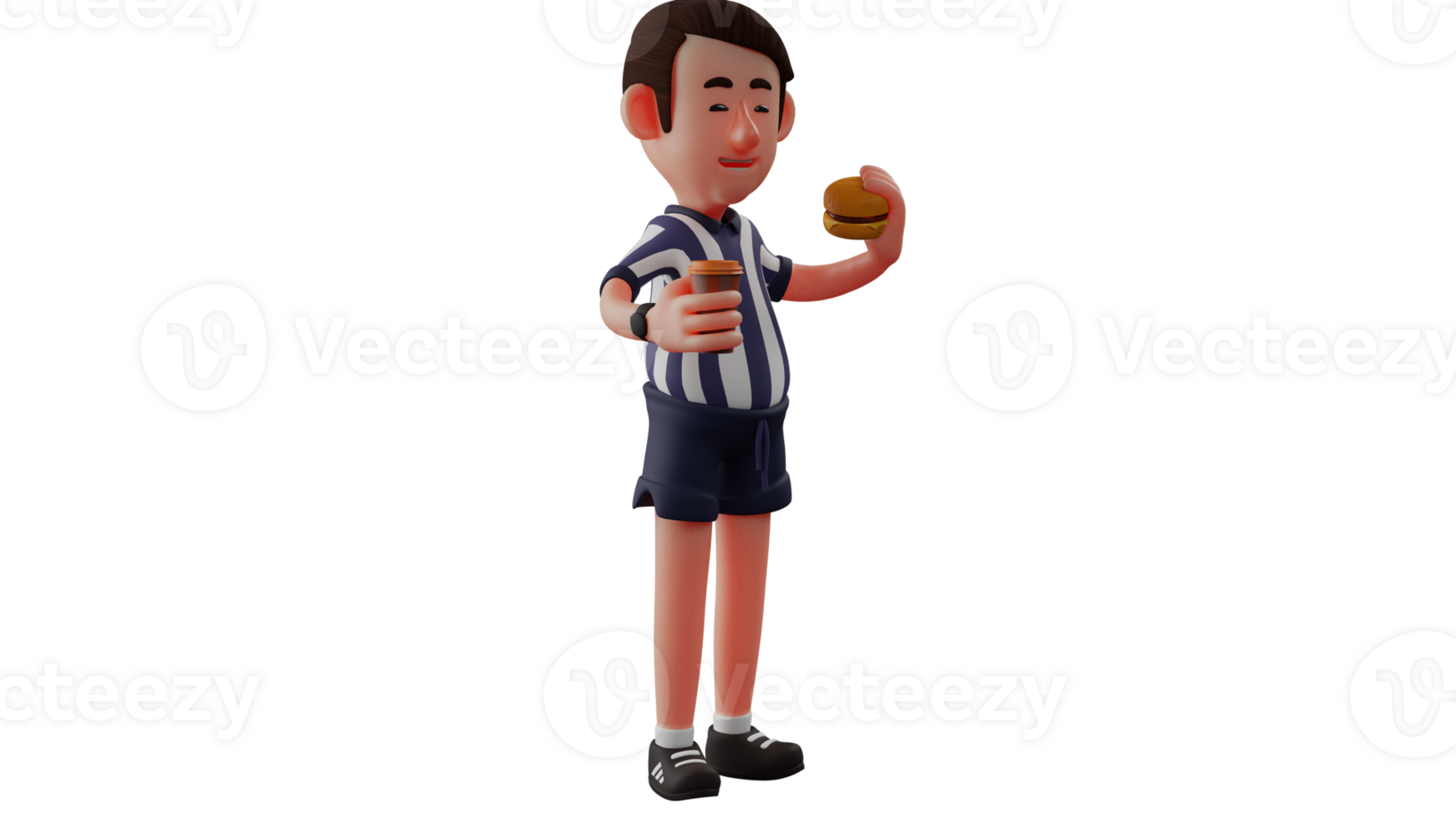 3D illustration. Happy Referee 3D Cartoon Character. The referee stands holding a burger and a cup of hot coffee. The referee enjoyed his rest time chatting with his colleagues. 3D Cartoon Character png