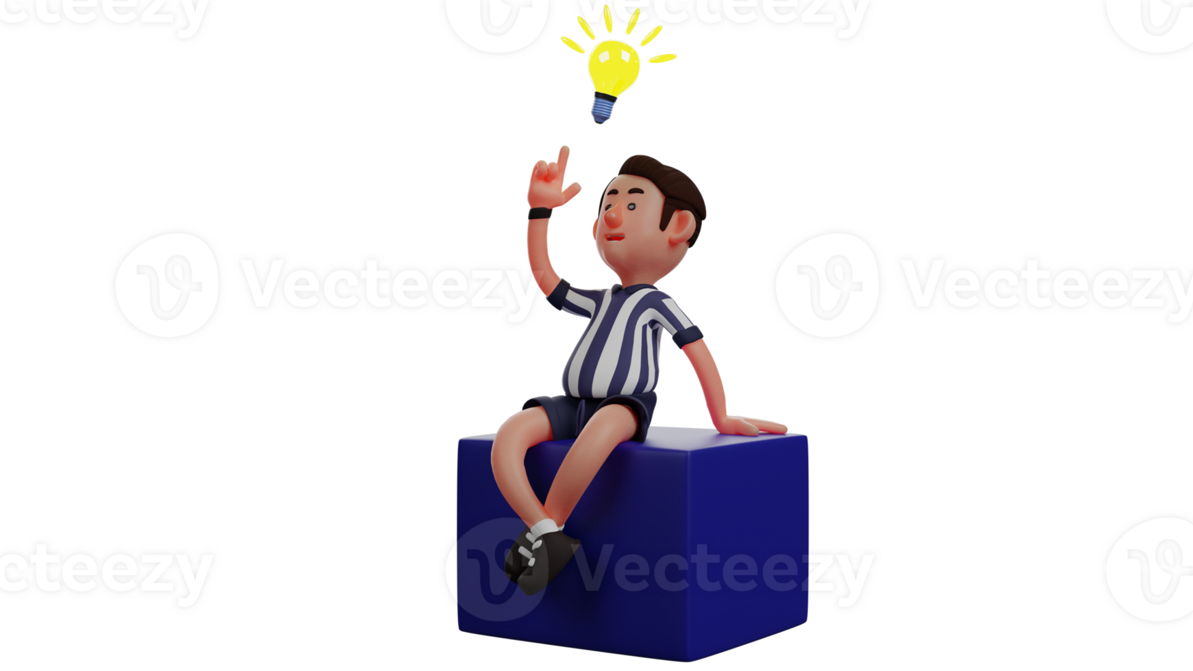 3D illustration. Smart Referee 3D Cartoon Character. Referee sits on the blue dais and thinks of an idea. The referee got a brilliant idea and indicated by a lightbulb above him. 3D Cartoon Character png