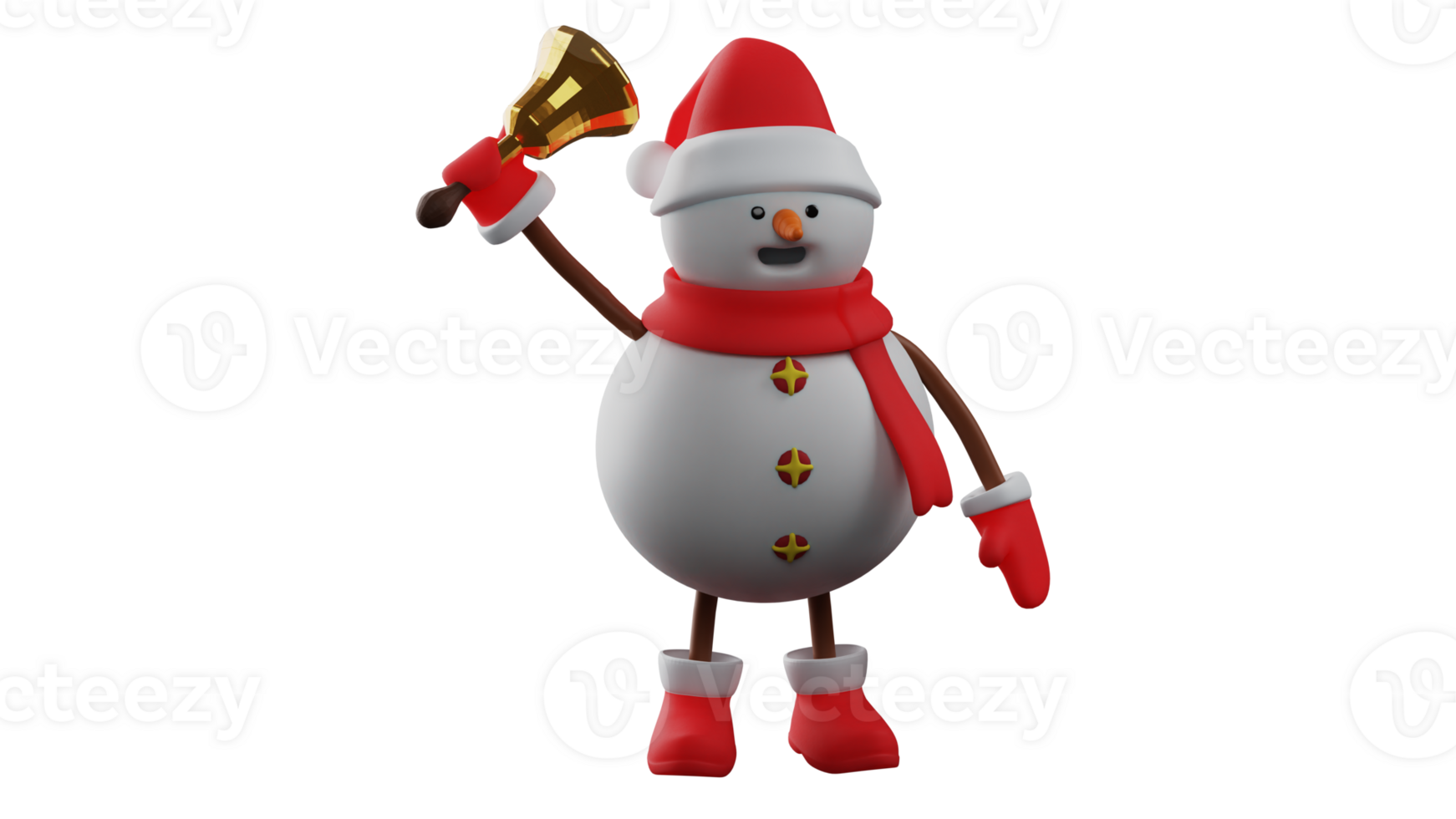 3D illustration. Happy Snowman 3D cartoon character. Snowman rang the golden bell he had brought with him. Snowman celebrates Christmas very happily. Christmas snowman. 3D cartoon character png