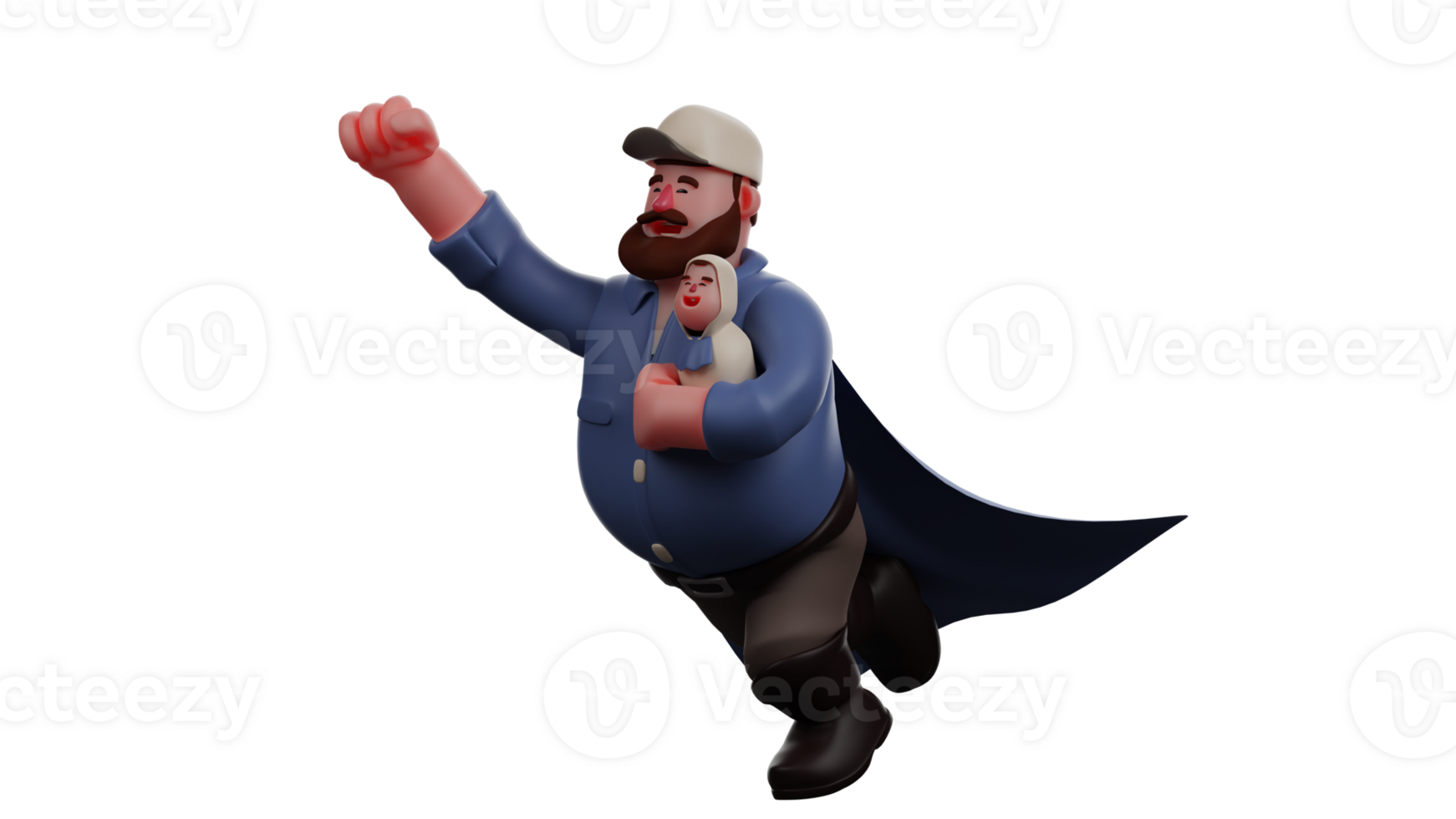 3D illustration. Active Dad 3D Cartoon Character. Dad is taking his baby to play. Dad plays superhero and wears his rag wings. Father carrying baby and showing happy expression. 3D Cartoon Character png