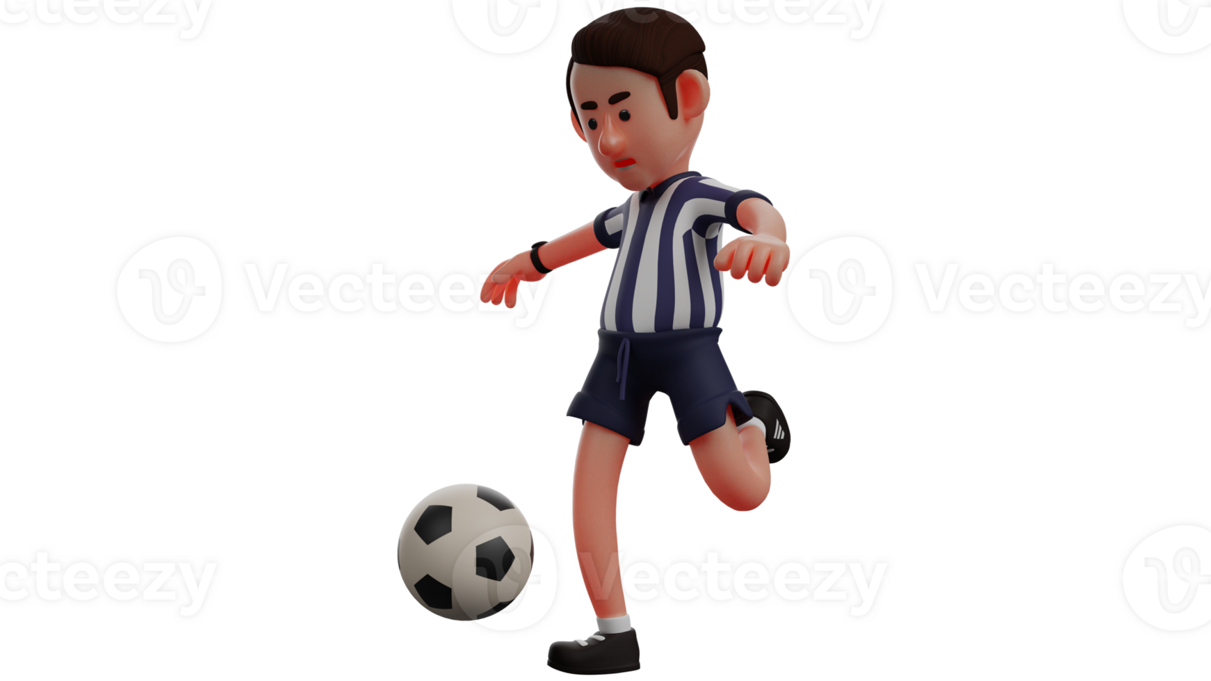 3D illustration. Cool Referee 3D Cartoon Character. The referee kicks the ball towards him. The referees look cool in his uniform and watches too. 3D Cartoon Character png