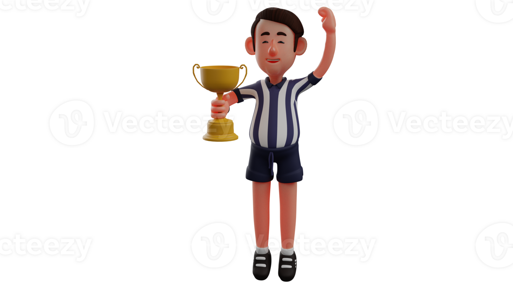 3D illustration. Successful Referee 3D Cartoon Character. Referee brought the gold trophy he got as the best referee. Referee raised one hand and showed a very happy expression. 3D Cartoon Character png