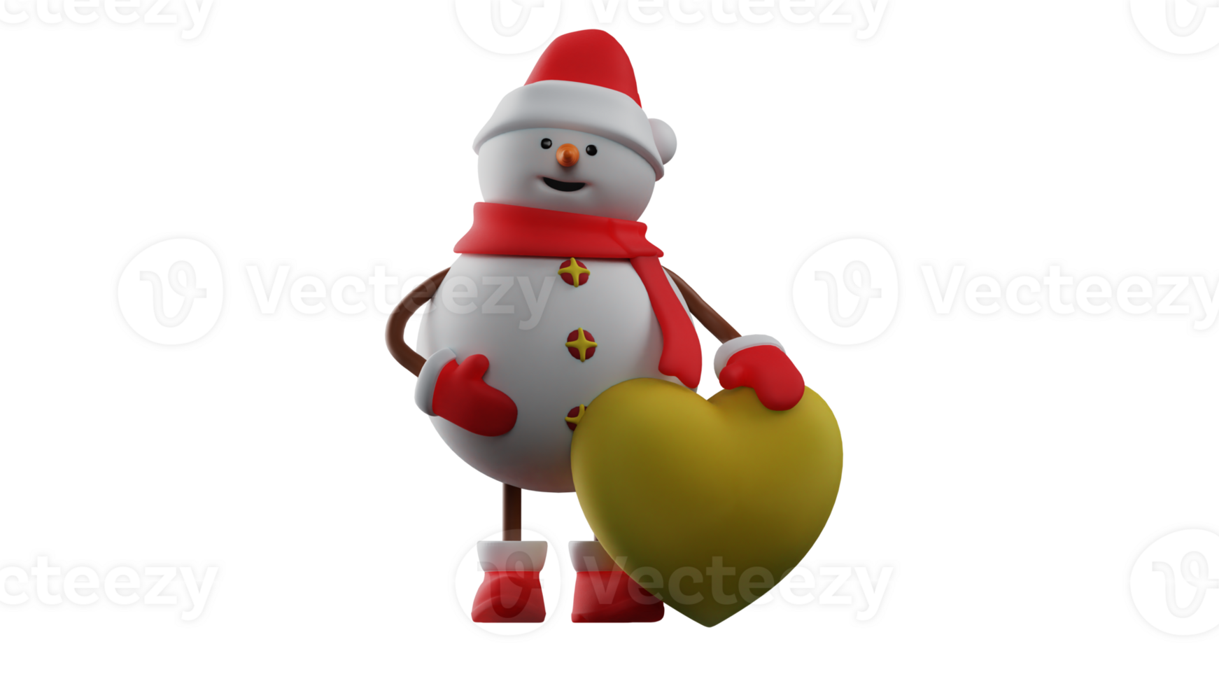 3D illustration. Romantic Snowman 3D cartoon character. Snowman standing next to a giant yellow love symbol. Snowman smiled sweetly and looked happy celebrating Christmas. 3D cartoon character png