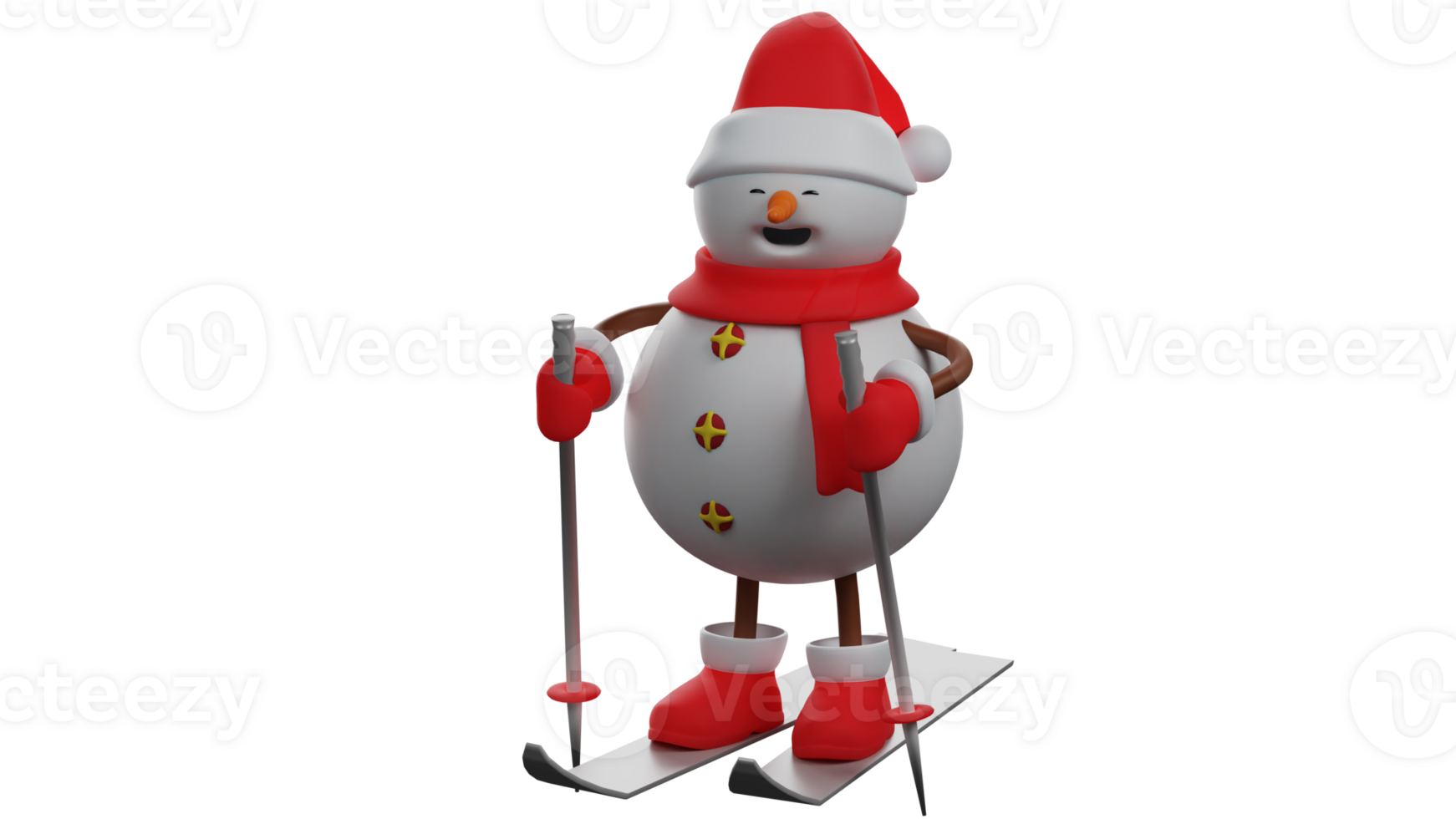 3D illustration. Adorable Snowman 3D cartoon character. Snowman stands on a surfboard and holds his two balance sticks. Snowman is ready to play and shows his happy expression. 3D cartoon character png