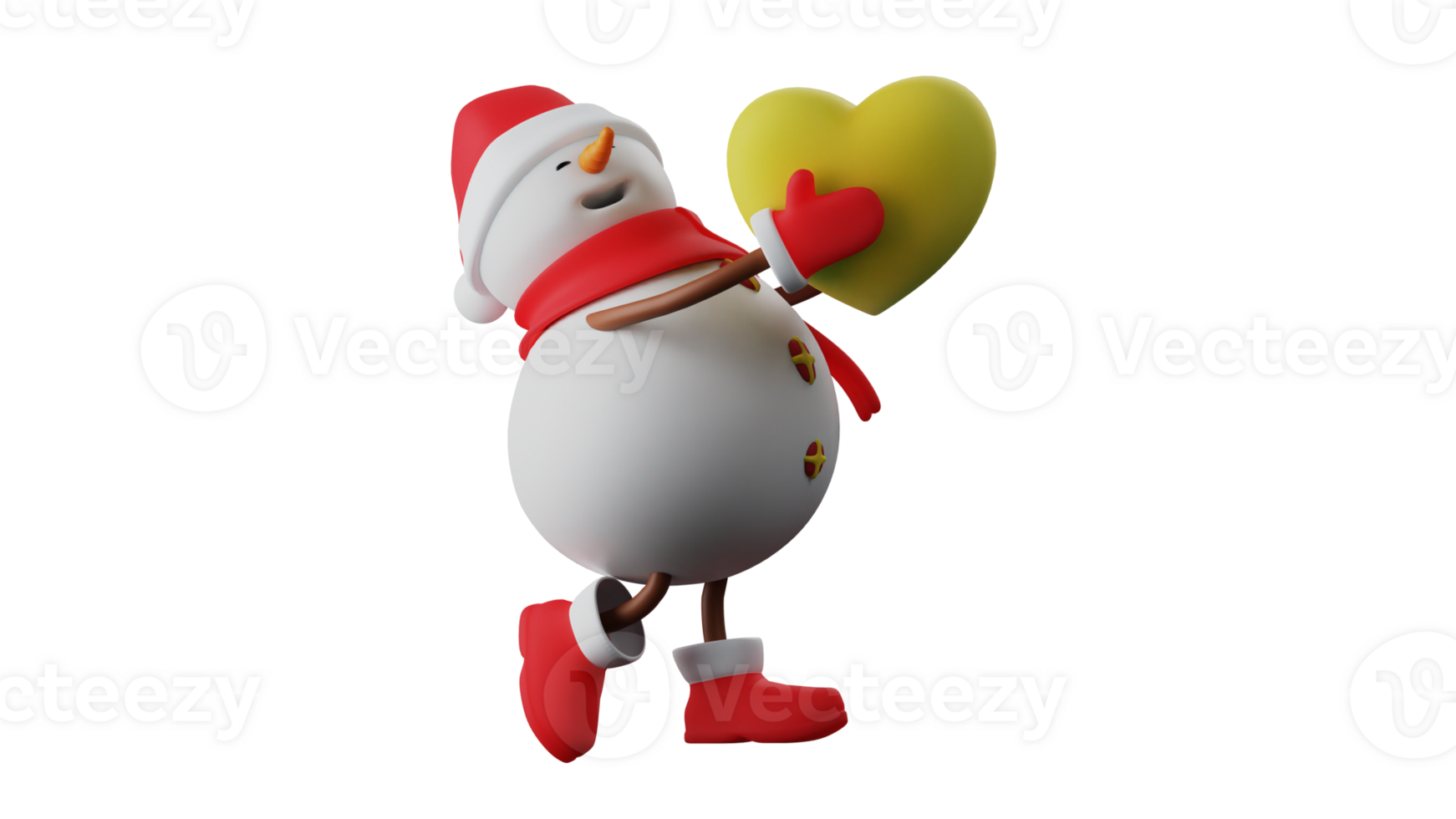 3D illustration. Adorable Snowman 3D cartoon character. Sowman is standing and holding up a yellow love symbol. Snowman laughs happily. Christmas Snowman wearing a red costume. 3D cartoon character png