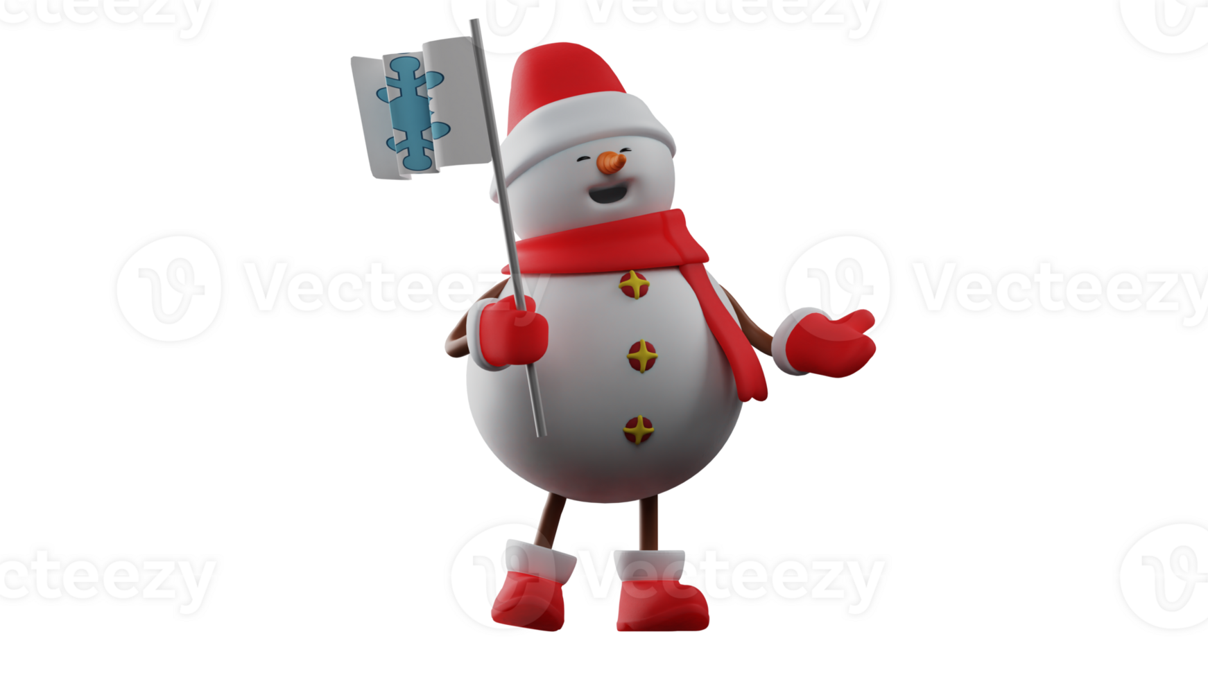 3D illustration. Friendly Snowman 3D cartoon character. The snowman is talking to someone. Snowman carrying flag and smiling happily. Snowman at Christmas celebration. 3D cartoon character png