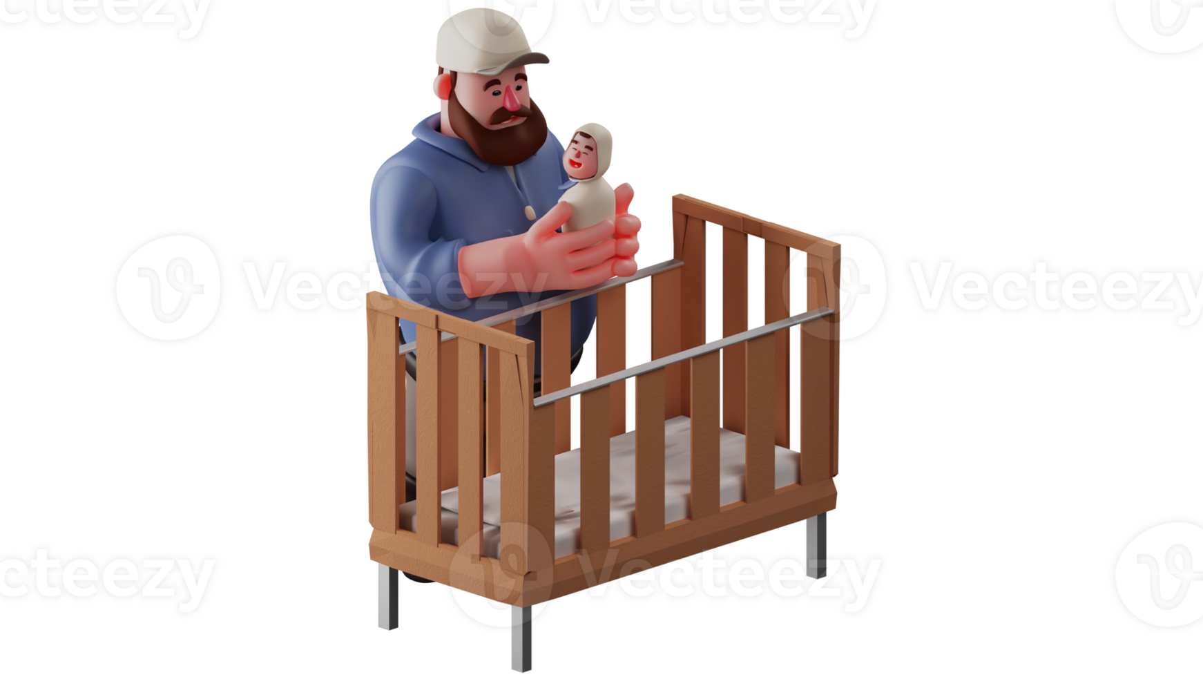 3D illustration. Funny Dad 3D Cartoon Character. Dad sits his little baby in the crib. Father comforting his baby. Baby showing happy laughing expression. 3D Cartoon Character png