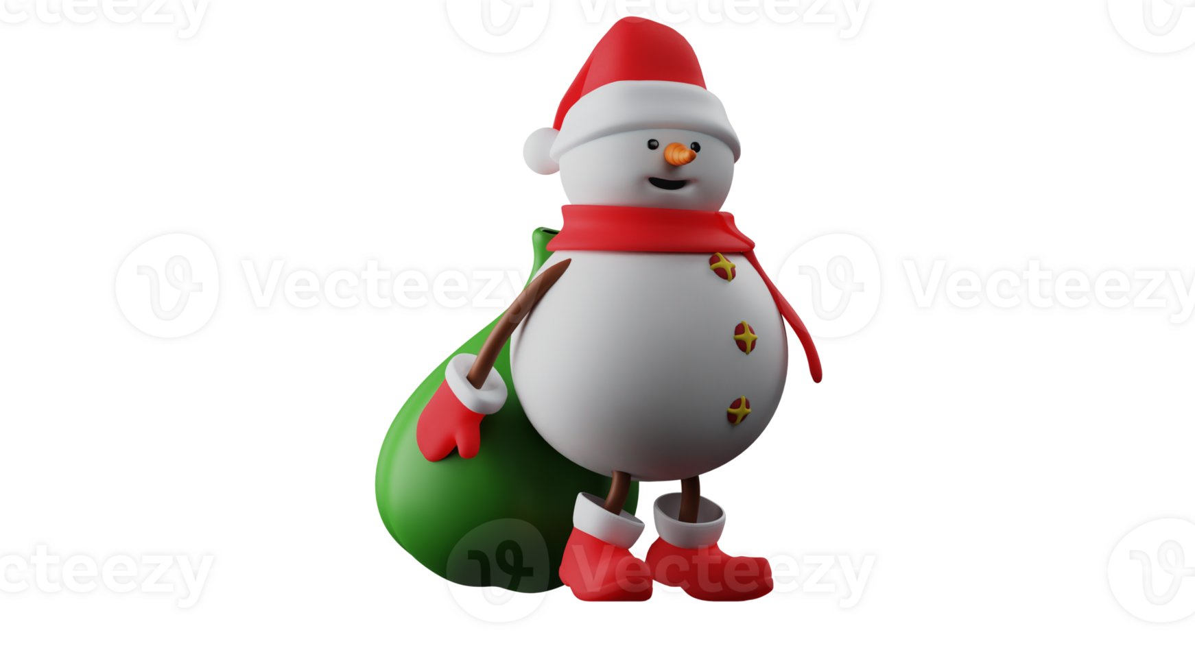 3D illustration. Christmas Snowman 3D cartoon character. Snowman comes to the Christmas celebration. Snowman carried a sack of gifts that he put behind him. 3D cartoon character png