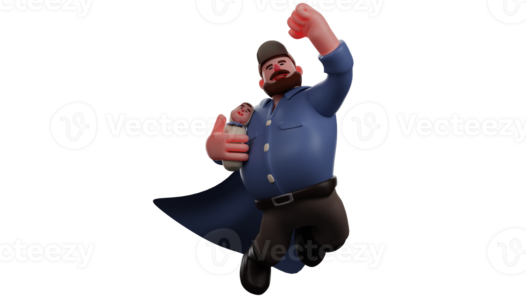 3D illustration. Happy Father 3D Cartoon Character. The father holds the baby while taking him to fly. Father clenched one hand and raised it excitedly. 3D Cartoon Character png
