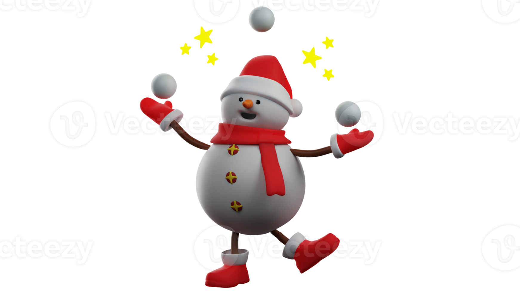 3D illustration. Amazing Snowman 3D cartoon character. The talented snowman is playing with the snowballs he made. Snowman surrounded by shining stars. 3D cartoon character png