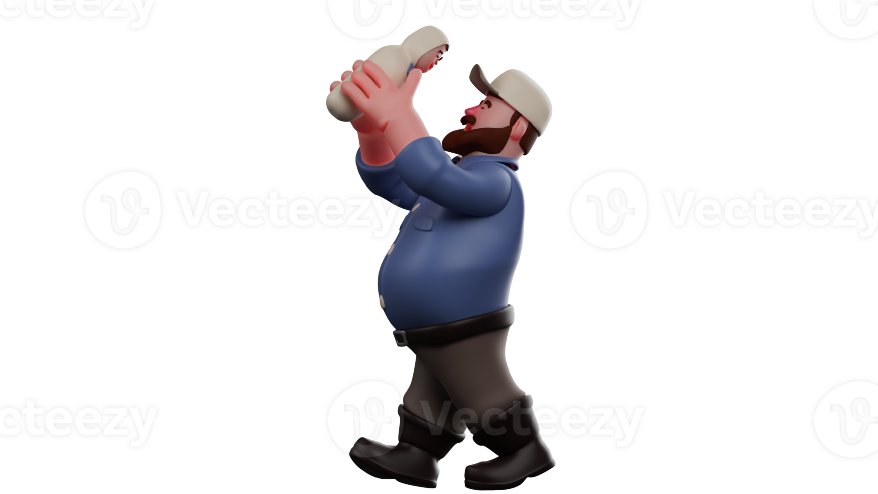 3D illustration. Father 3D Cartoon Character. Father in walking pose holding up his baby. The fat father looks at his baby happily. Dad is on a walk with baby. 3D Cartoon Character png