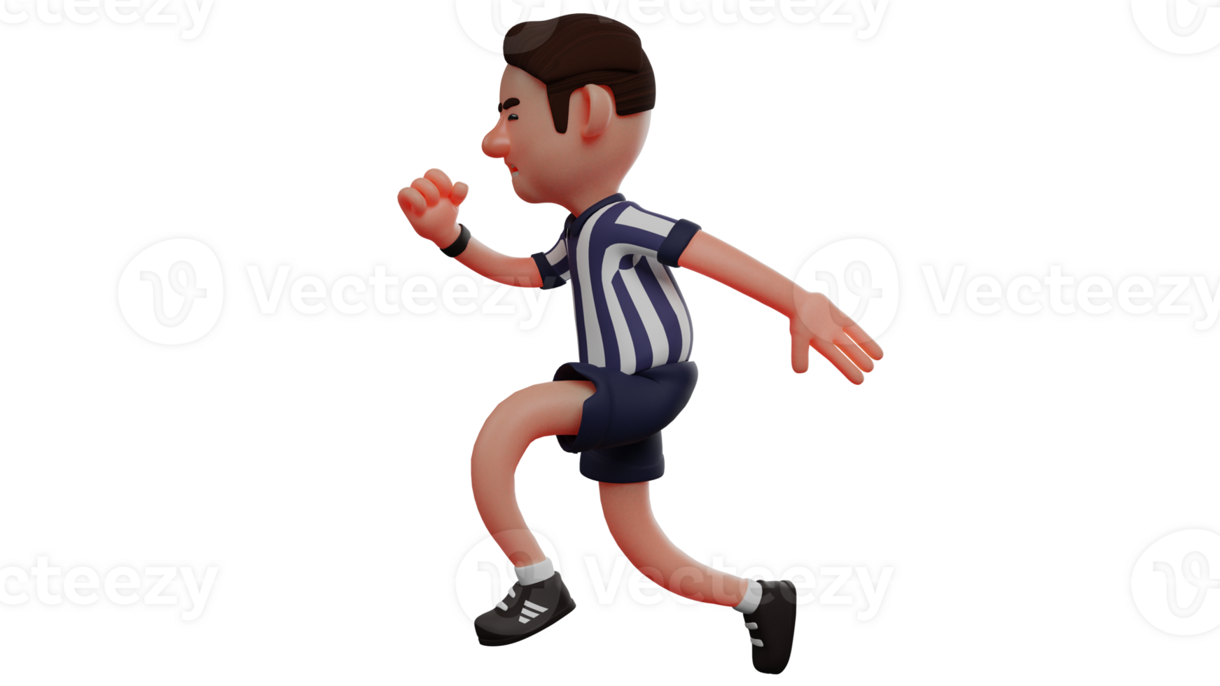 3D illustration. Active Referee 3D Cartoon Character. Referee with galloping pose. The referee follows the movement of the football player on the field. 3D Cartoon Character png