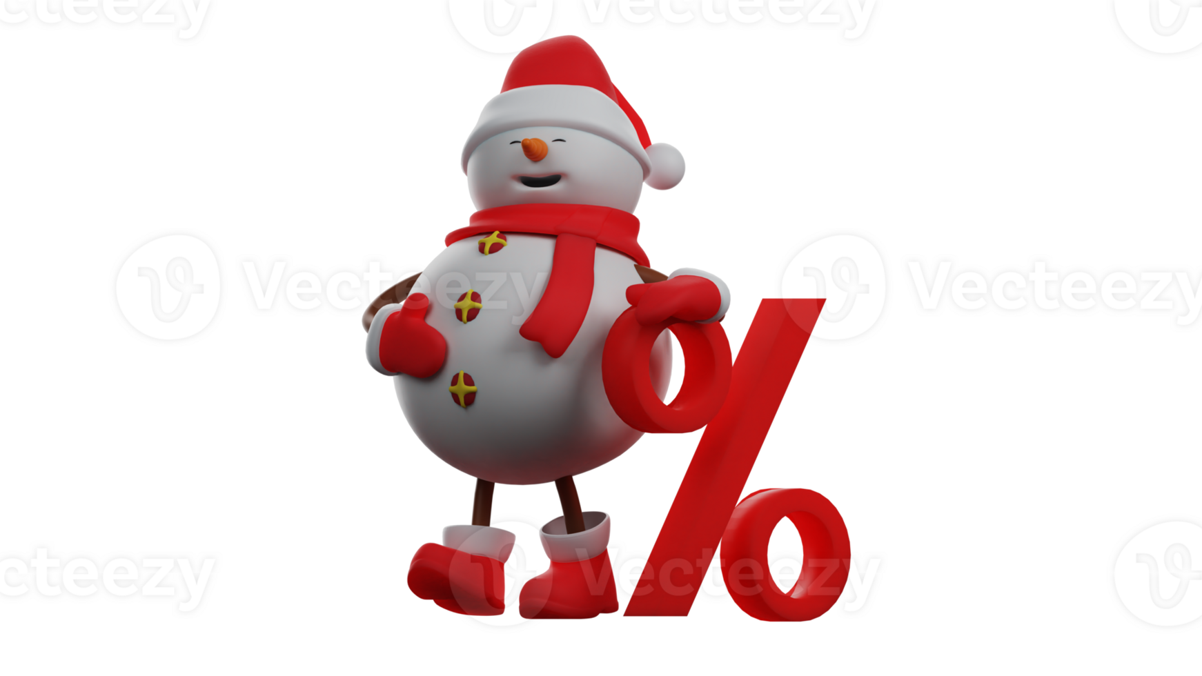 3D illustration. Handsome Snowman 3D cartoon character. Sowman stood and leaned on the giant percent symbol. Snowman in a Christmas costume. Snowman laughed sweetly. 3D cartoon character png