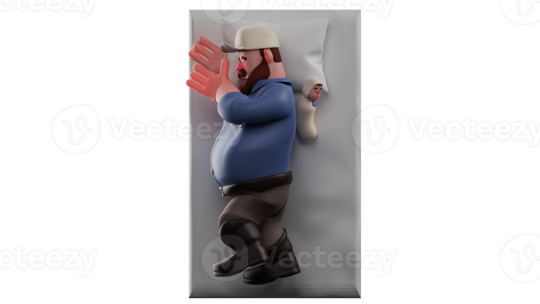 3D Illustration. Tired Father 3D cartoon character. Father fell asleep on the bed with his little baby. Dad slept his back to the baby. Dad still wears his work clothes. 3D cartoon character png