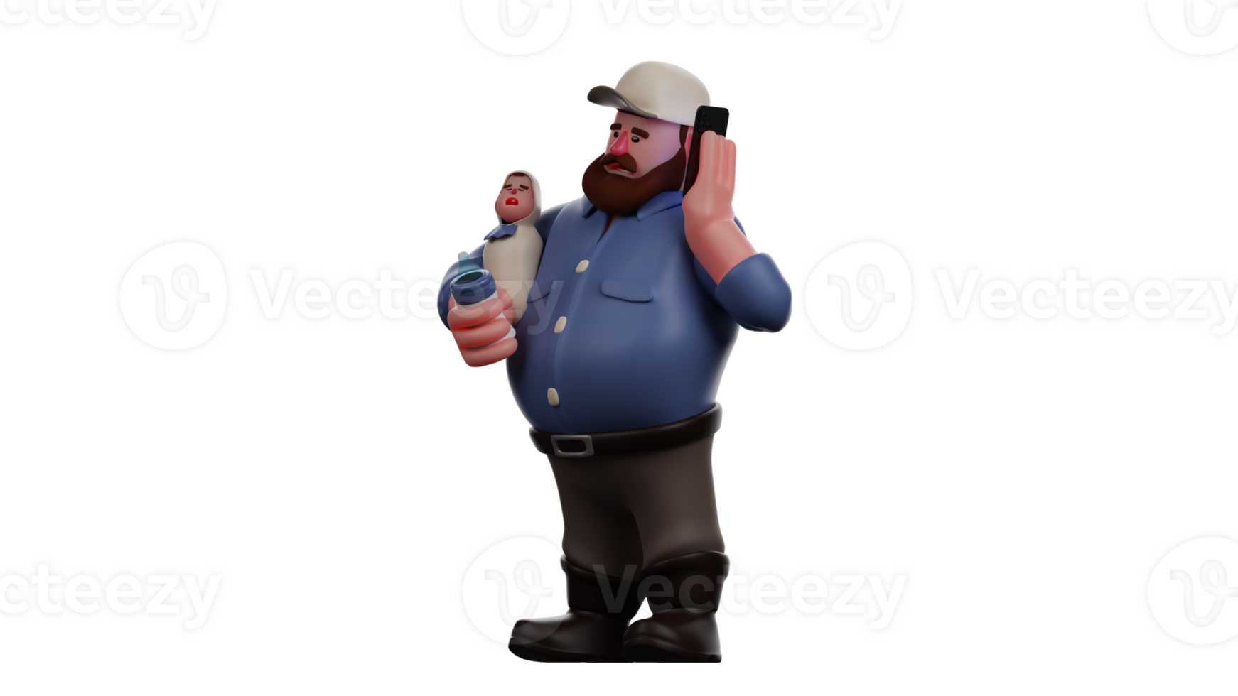 3D Illustration. Fat Father 3D cartoon character. Father carried his sick baby. Father called someone who could help him. Father showed a panic expression. 3D cartoon characters png