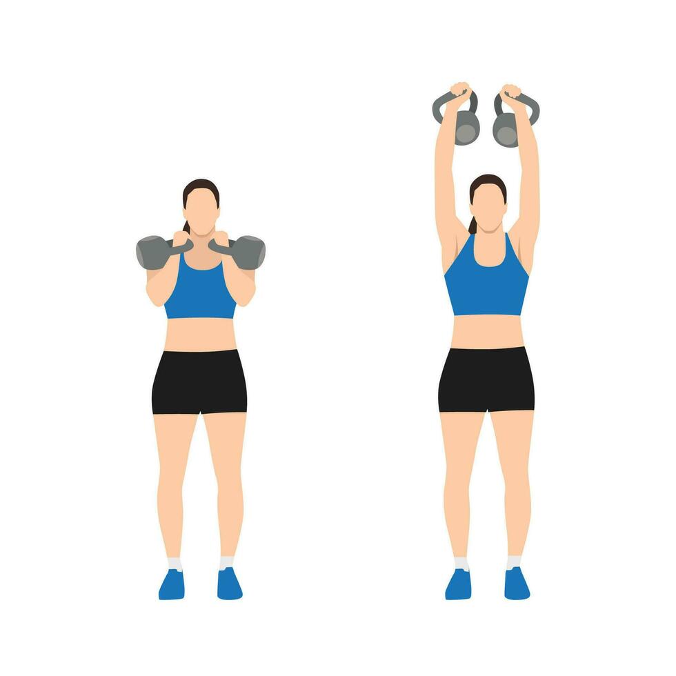 Woman doing Two arm kettlebell military press exercise. Flat vector illustration isolated on white background. workout character set