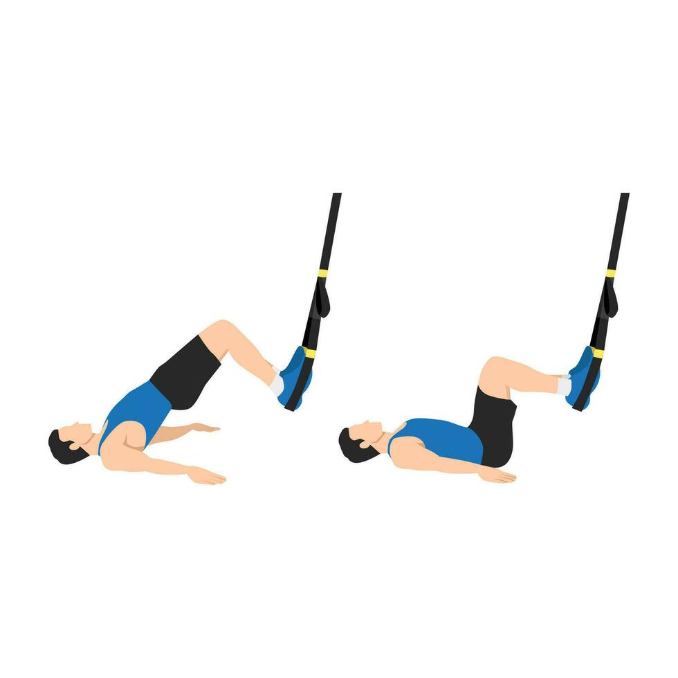 Man doing TRX Suspension straps glute bridge exercise. Flat vector illustration isolated on white background