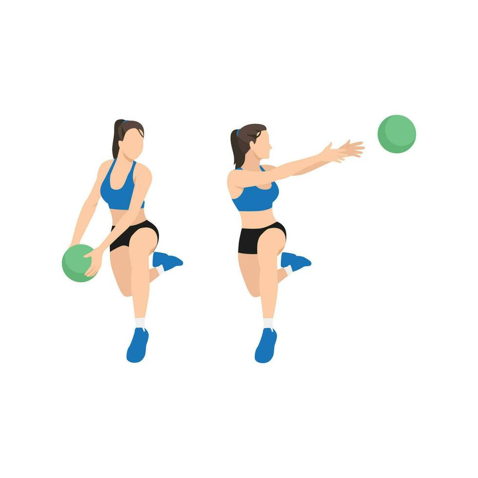 mujer haciendo medicina pelota rotacional pasa ejercicio. plano vector ilustración aislado en blanco antecedentes. rutina de ejercicio personaje conjunto