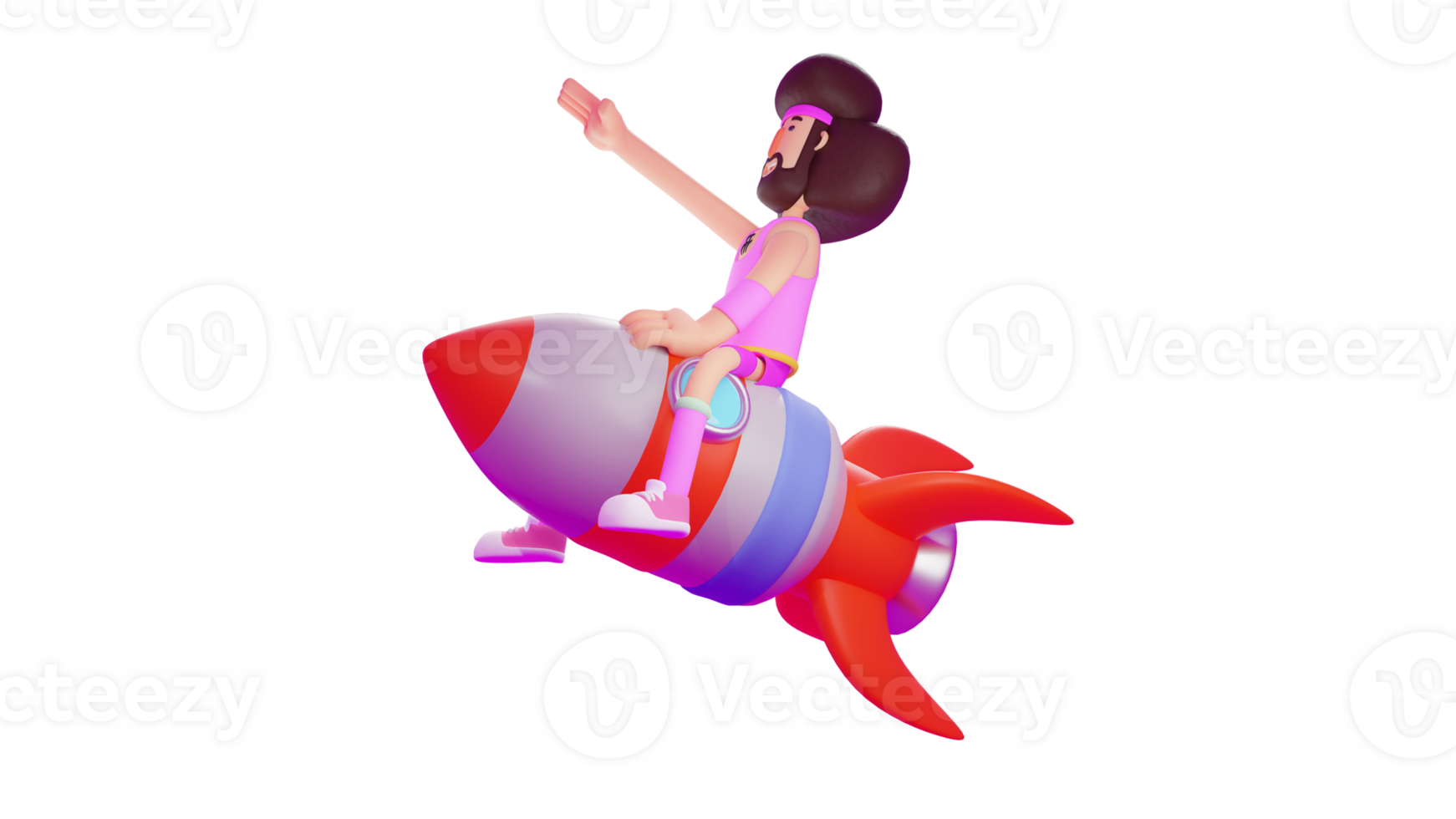 3D Illustration. Funny Men 3D cartoon character. Men in costumes ride a giant rocket and fly high. The man lifted him ahead of the sign he was ready to fly. 3D cartoon character png