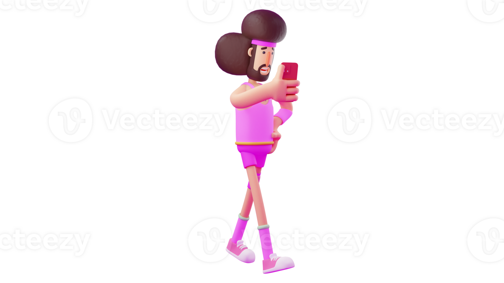 3D illustration. Busy Athlete 3D cartoon character. Athlete walking on the phone with someone. Athlete who is taking a break look serious during a call. Athlete wear pink clothe. 3D cartoon character png