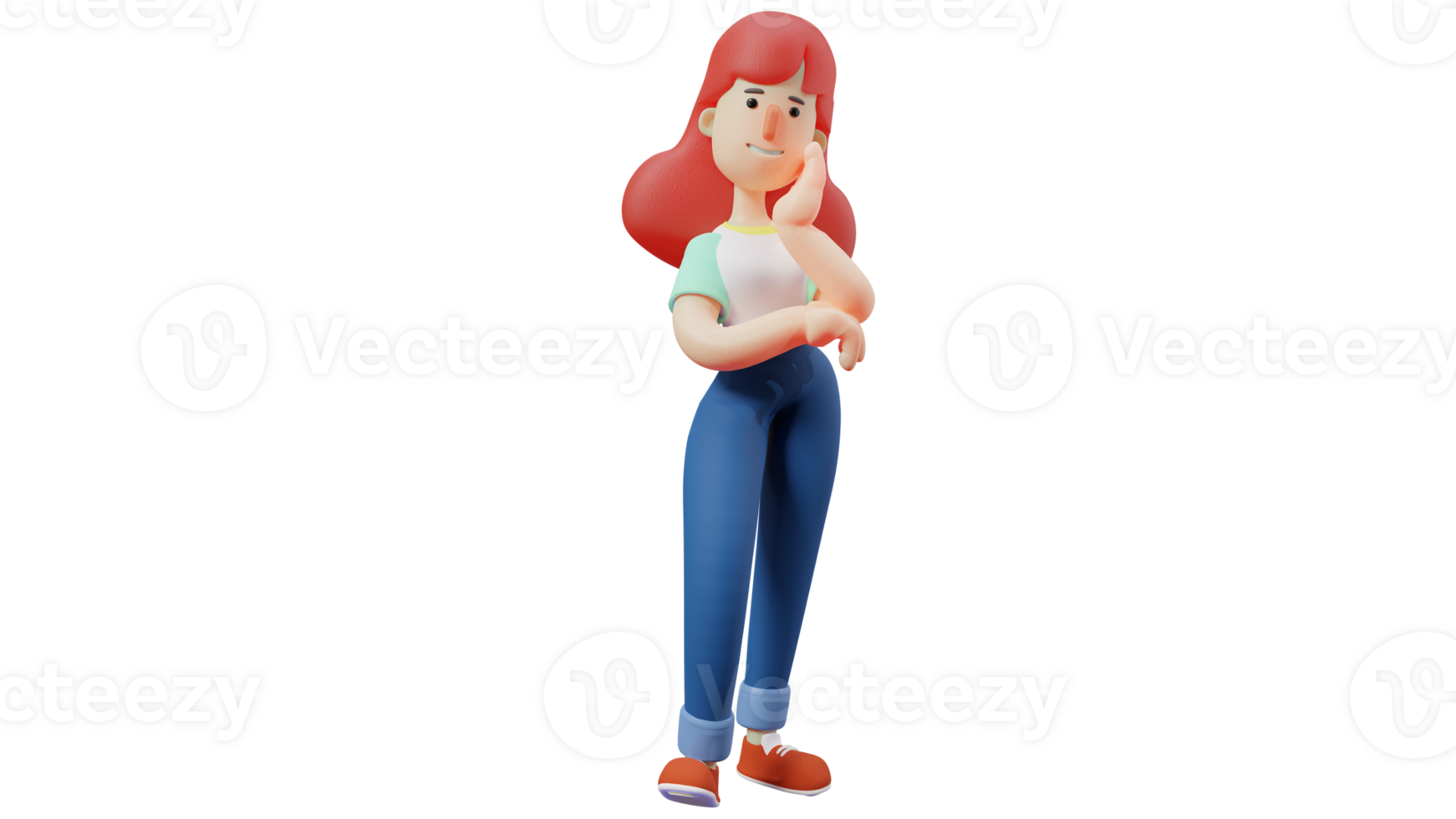 3D illustration. Cute Female 3D Cartoon Character. Standing young woman in casual clothes and loose hair. Beautiful woman with one hand on the chin pose. 3D Cartoon Character png