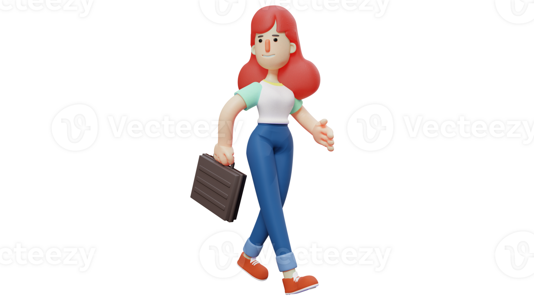 3D illustration. Office Worker 3D Cartoon Character. Women who become office workers will go to work. Woman walking with black suitcase. Women is very excited about the day. 3D Cartoon Character png