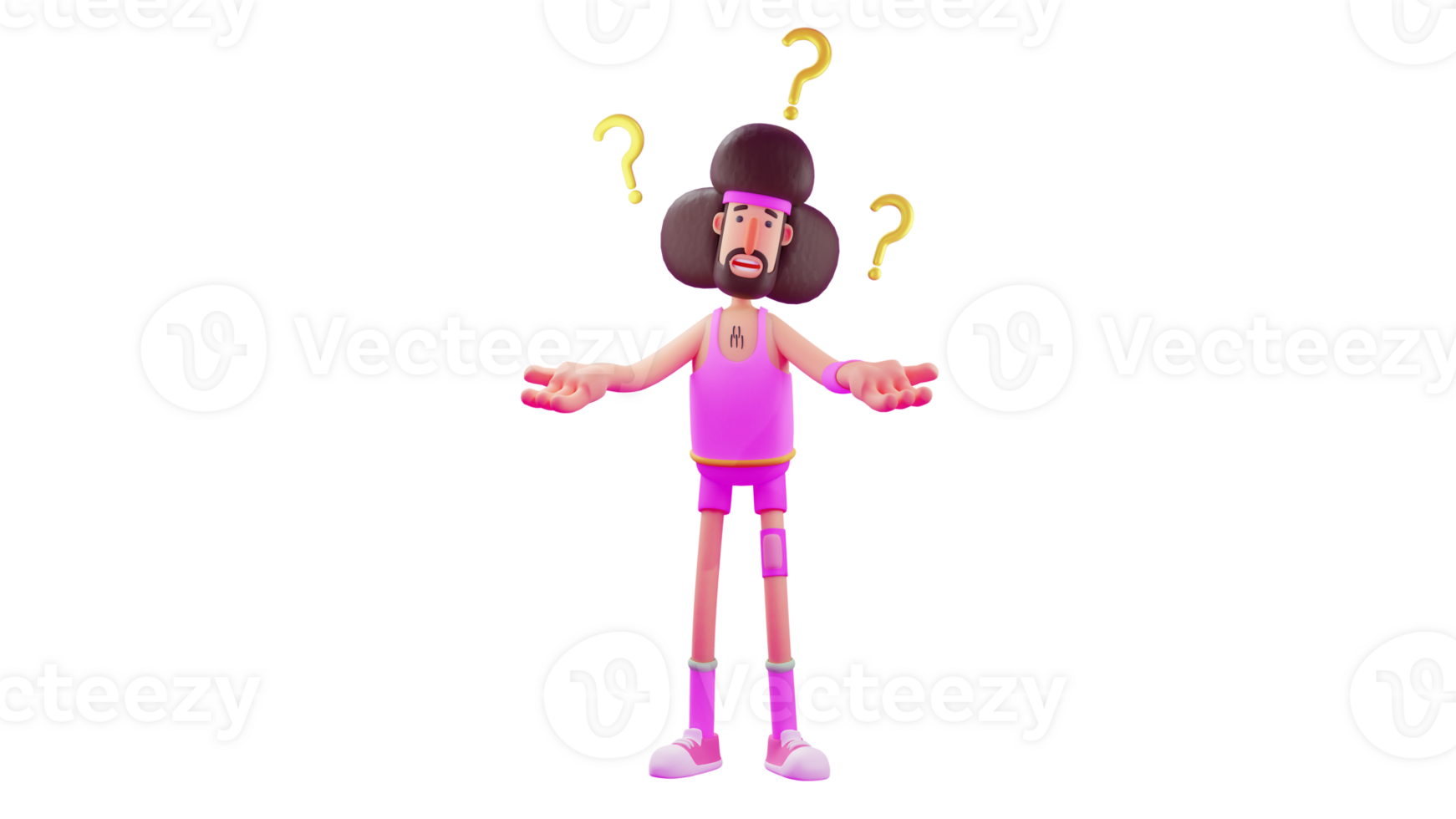 3D illustration. Trainer 3D cartoon character. Gym coach showed a confused expression and was surrounded by many question marks. The coach is very totality and wears pink clothes. 3D cartoon character png