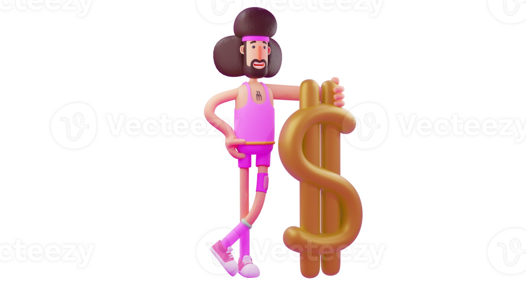 3D Illustration. Rich Athlete 3D cartoon character. A cool athlete stands next to the gold dollar symbol. Athlete stands by crossing his legs and putting one hand on the waist. 3D cartoon character png