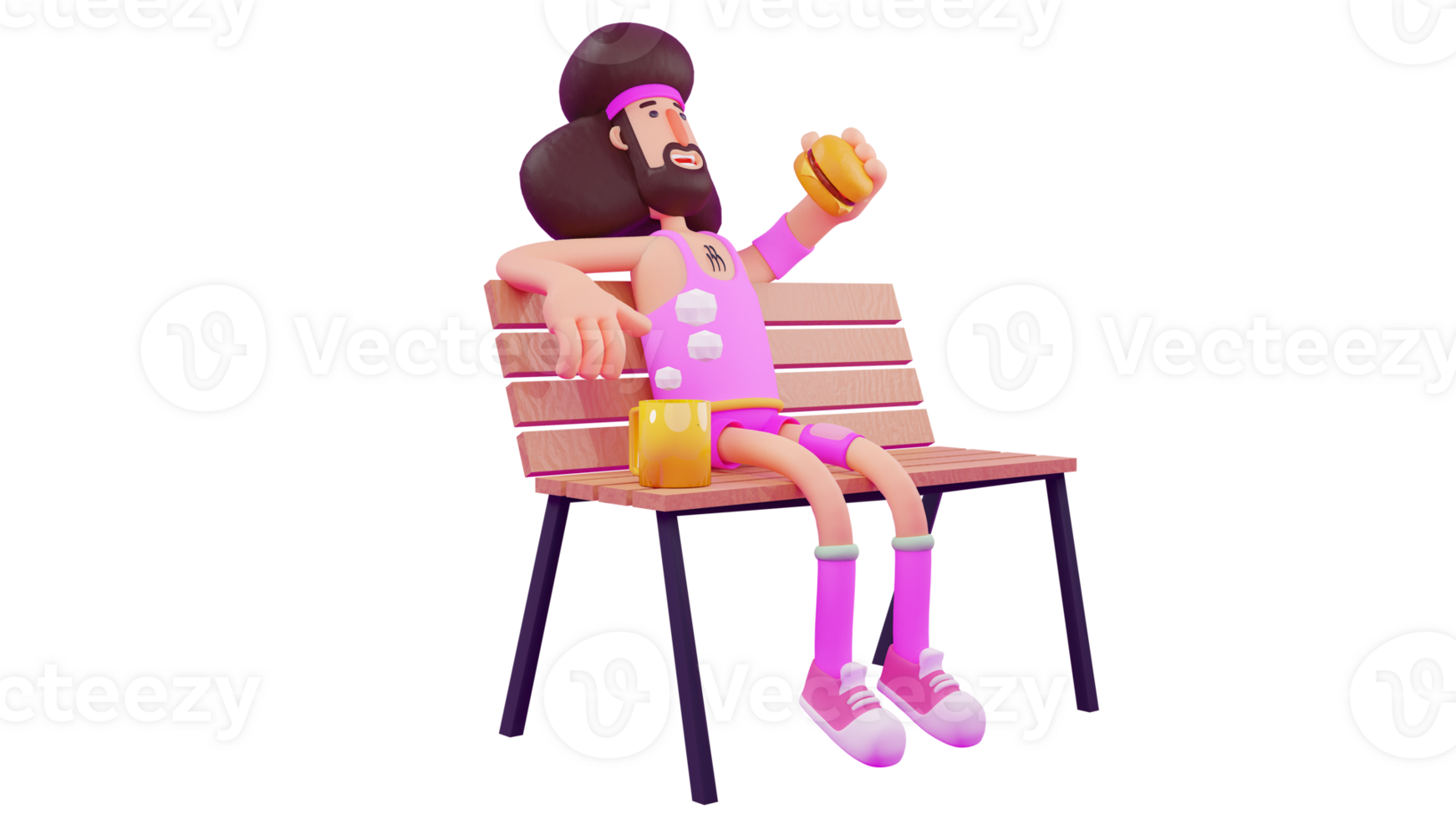 3D illustration. Hungry Athlete 3D cartoon character. Young man wearing pink sportswear. Young man resting on a wooden chair eating a burger and a hot drink beside him. 3D cartoon character png