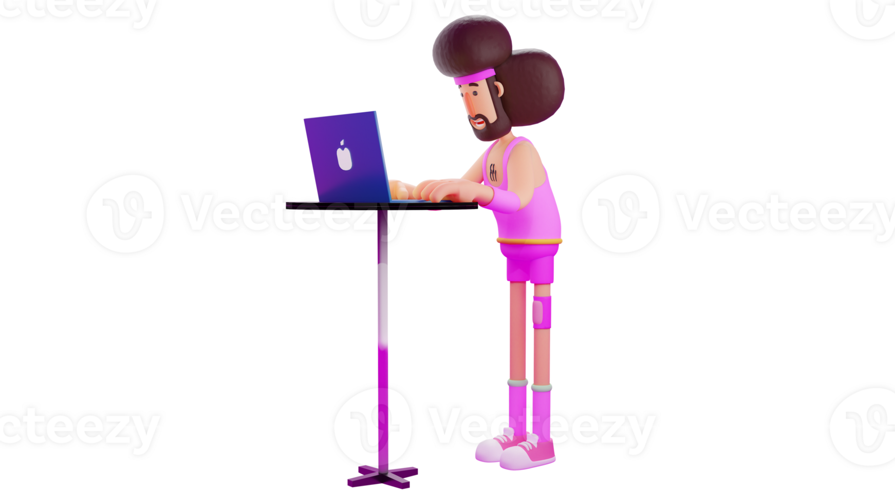 3D illustration. Student 3D cartoon character. Student doing assignment with laptop while standing. Students majoring in sports and will practice gymnastics. 3D cartoon character png