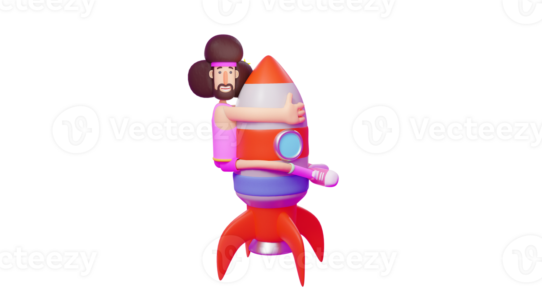 3D illustration. Incredible Athlete 3D cartoon character. Athlete hugging a big rocket that is about to fly. A unique athlete who wears a pink costume and has a unique hairdo. 3D cartoon character png