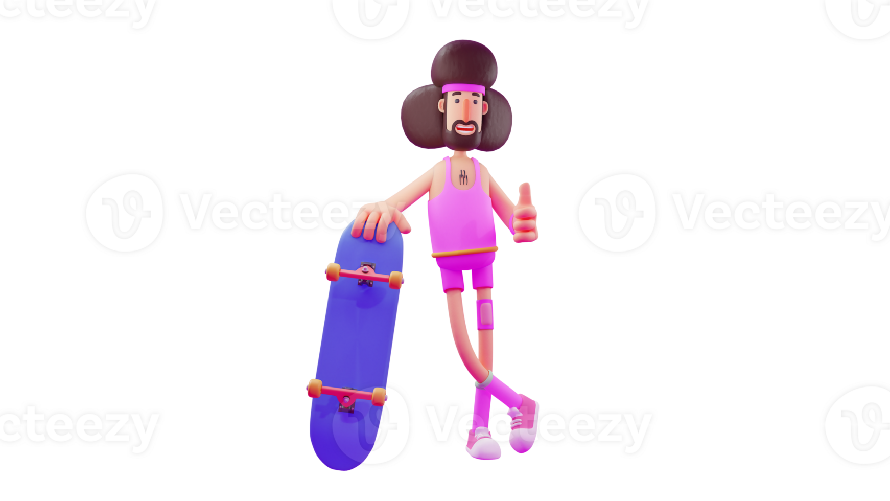 3D Illustration. Happy Men 3D cartoon character. The man stood up and held a skateboard board. The agile man is enjoying his day off by playing skate. Men wear funny pink clothes. 3D cartoon character png