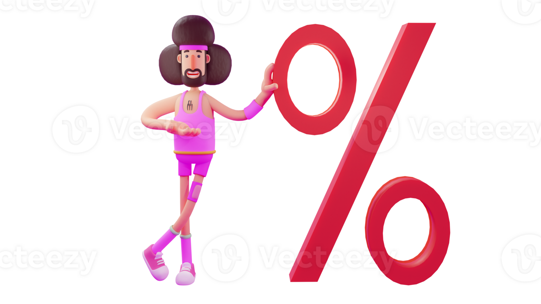 3D Illustration. Great Instructor 3D Cartoon Character. A man becomes an athlete coach who will compete. Athletes in pink costumes stand next to the giant percent symbol. 3D cartoon character png