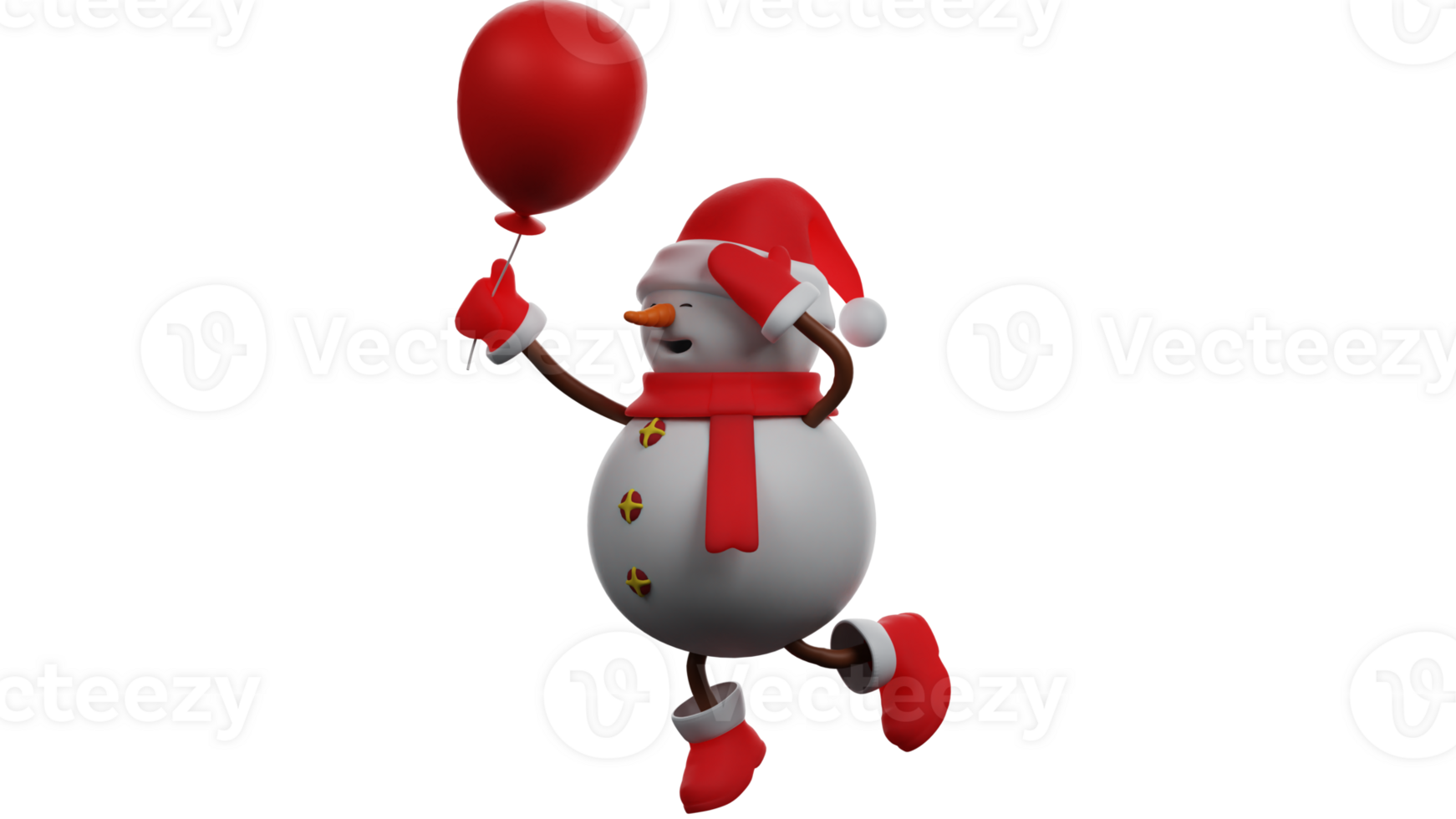 3D illustration. Attractive Snowman 3D cartoon character. Christmas Snowman wearing full Christmas costume. Snowman brought red balloon very cheerfully. 3D cartoon character png