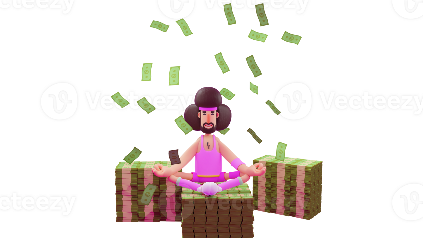 3D illustration. Calm Athlete 3D cartoon character. Athlete sitting on a pile of money. Athlete in yoga pose. Hunky athlete closed his eyes and was under the scattered money. 3D cartoon character png