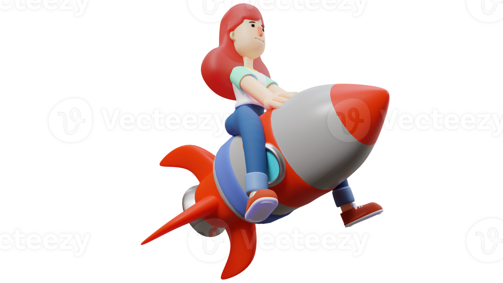 3D illustration. Happy Woman 3D Cartoon Character. Woman is flying on a rocket. A beautiful woman who is happy because she can play to her heart's content. 3D Cartoon Character png