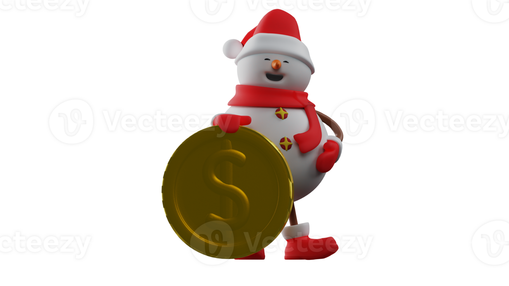 3D illustration. Snowman 3D cartoon character. Christmas Snowman carries a giant gold coin. Snowman showed his sweet smile. Snowman gets gold coins from good people he meets. 3D cartoon character png