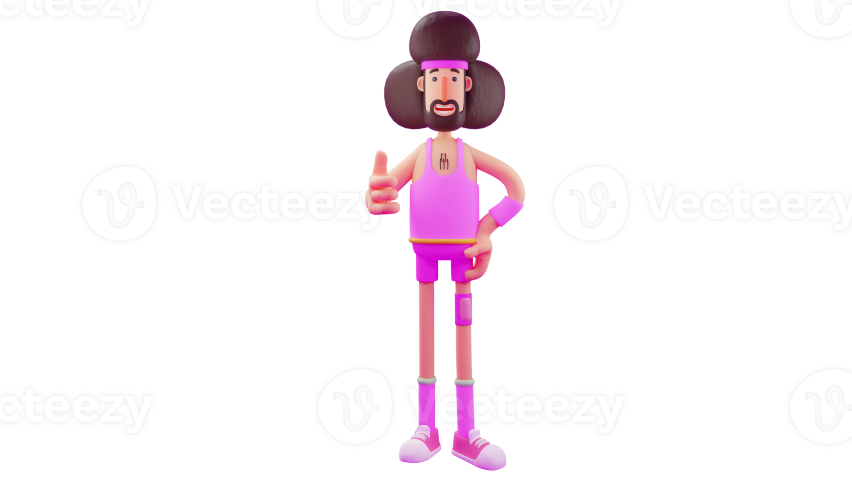 3D illustration. Athlete 3D cartoon character. The male athlete has fluffy curly hair. Athletes wear pink clothes. Athlete smiles sweetly and gives a thumbs up sign. 3D cartoon character png